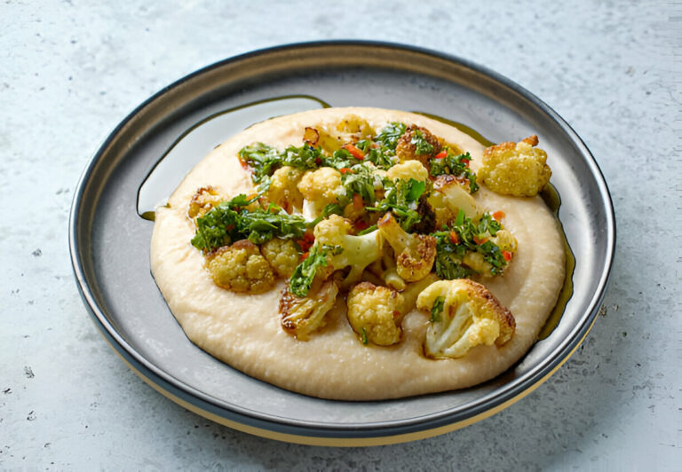 A plate of creamy hummus topped with roasted cauliflower and garnished with fresh herbs