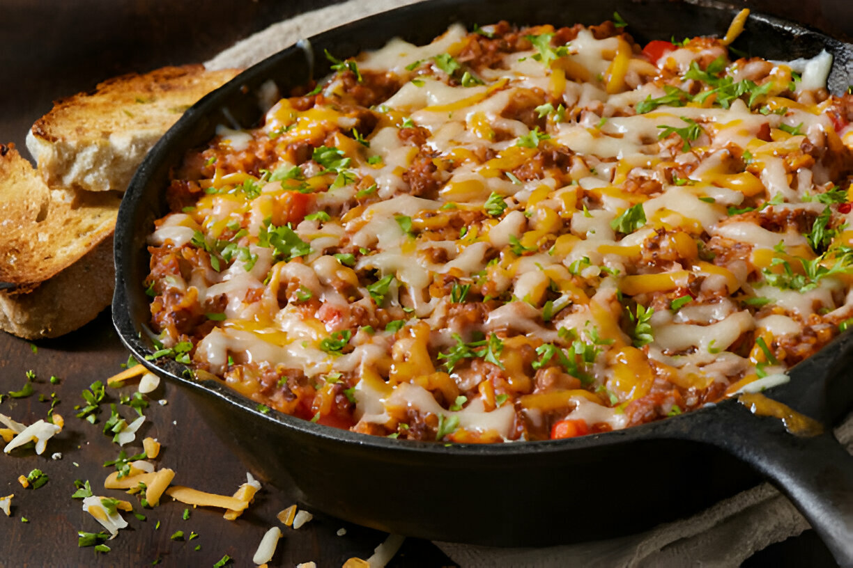 A cast iron skillet filled with a cheesy meat and vegetable dish, garnished with fresh herbs, accompanied by slices of toasted bread