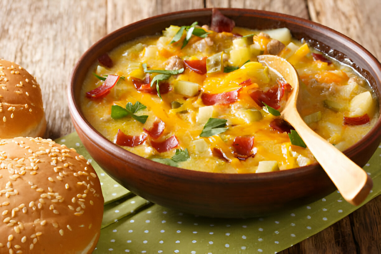 A bowl of hearty soup with chunks of potatoes, bits of bacon, and melted cheese, accompanied by two sesame seed buns.