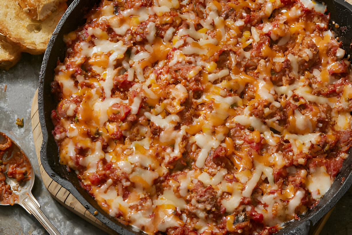 A delicious baked pasta dish topped with melted cheese in a cast iron skillet, served with slices of bread.