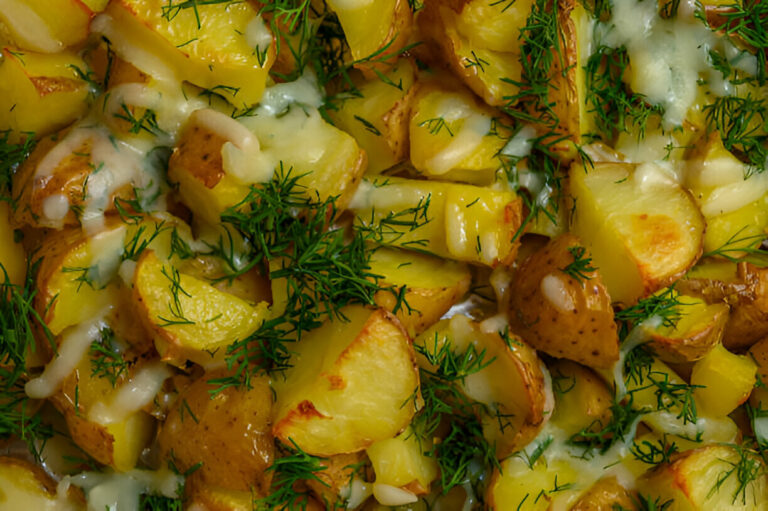 A close-up view of roasted potatoes topped with melted cheese and fresh dill.