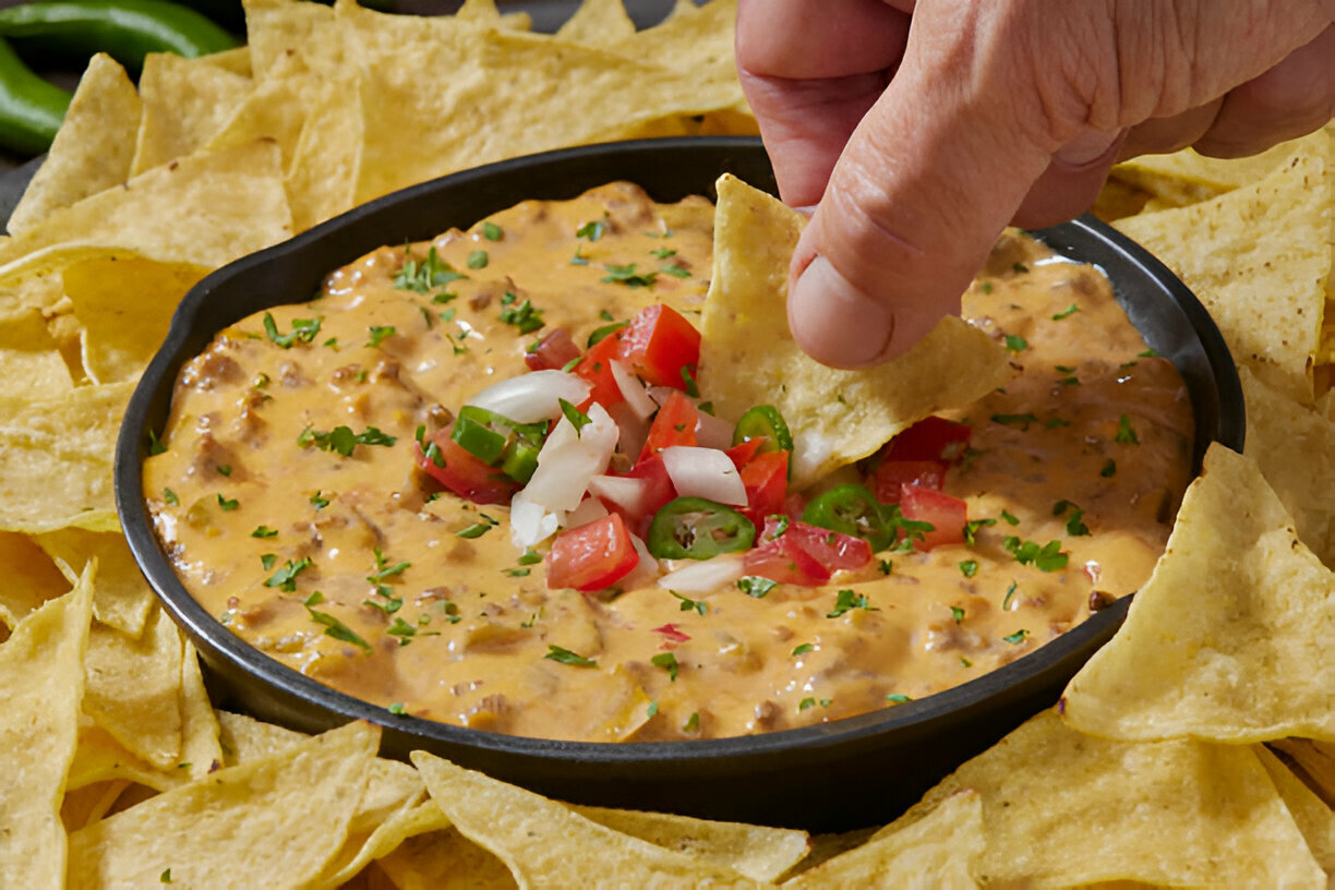 A hand dipping a tortilla chip into a bowl of creamy cheese dip topped with diced tomatoes, onions, and green peppers, surrounded by more tortilla chips.