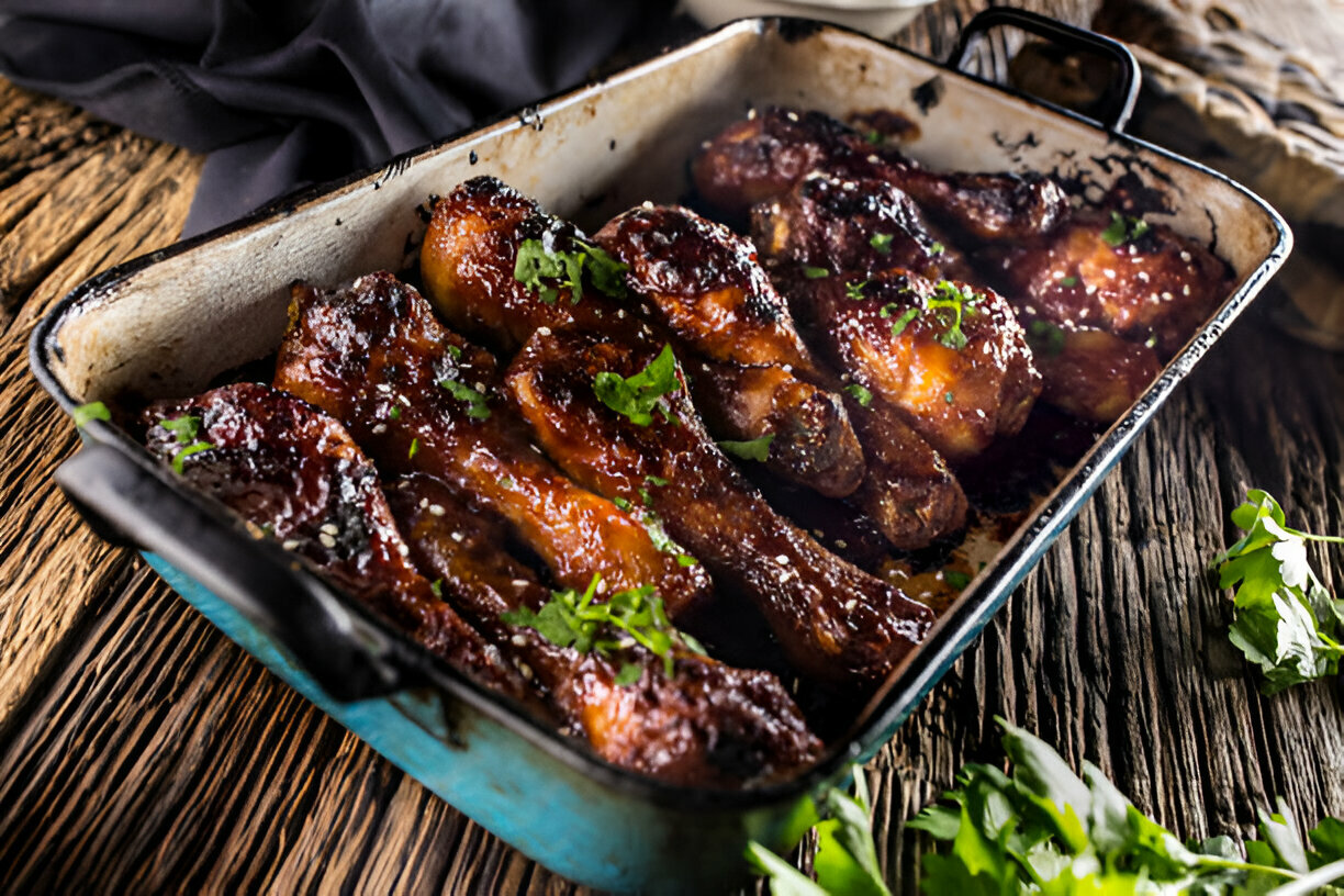 A tray of grilled chicken drumsticks garnished with parsley, resting on a rustic wooden surface.