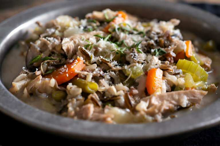 A close-up of a hearty chicken and wild rice soup served in a metal bowl, featuring carrots, celery, and herbs.