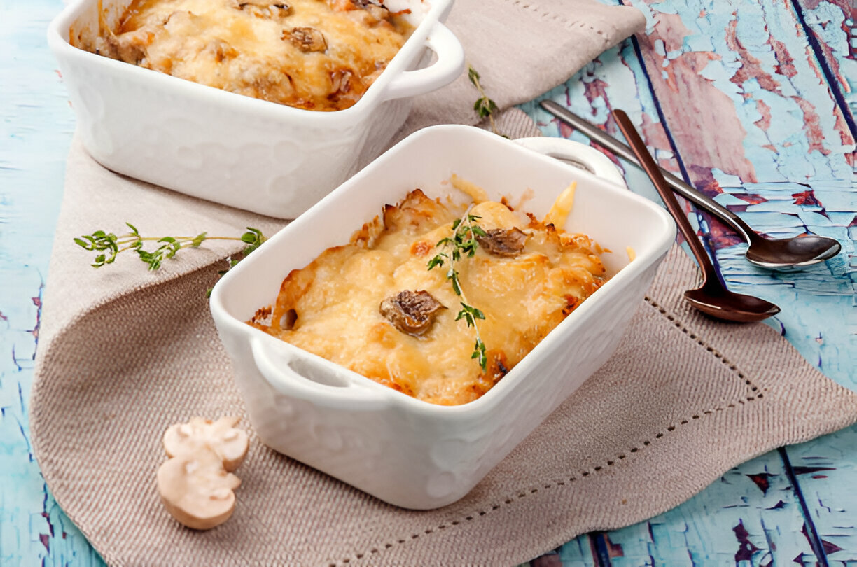 Two white ceramic dishes containing baked pasta with melted cheese, garnished with herbs, on a textured wooden surface.