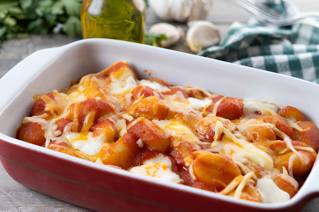 Baked gnocchi topped with gooey cheese and marinara sauce in a red baking dish.