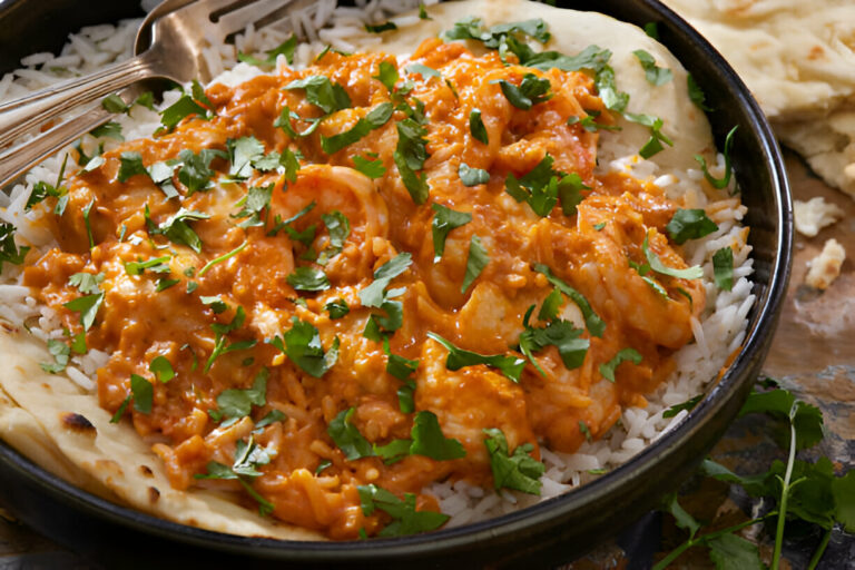 A bowl of rice topped with a vibrant orange curry and garnished with fresh cilantro, accompanied by naan bread.