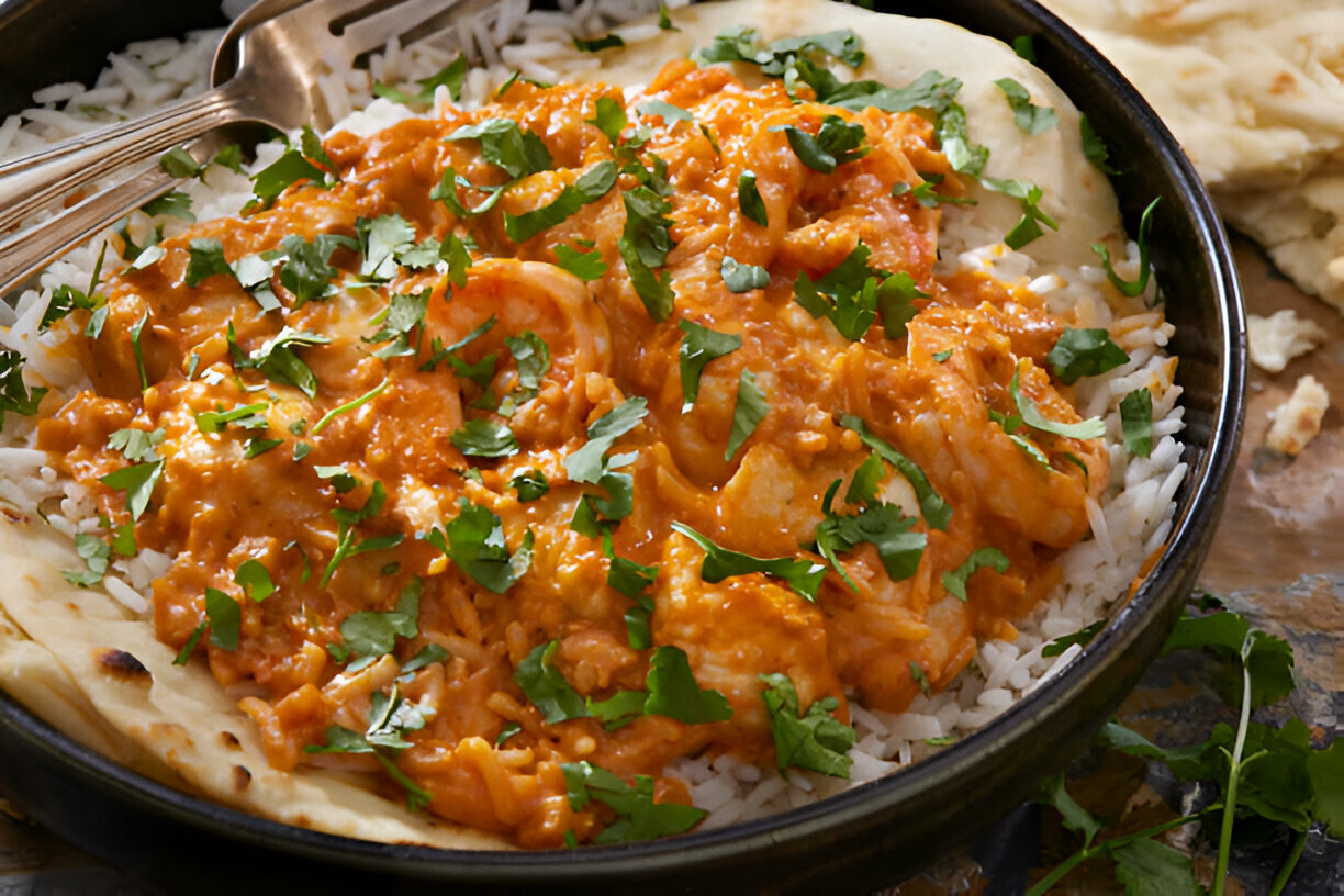 A bowl of rice topped with a vibrant orange curry and garnished with fresh cilantro, accompanied by naan bread.