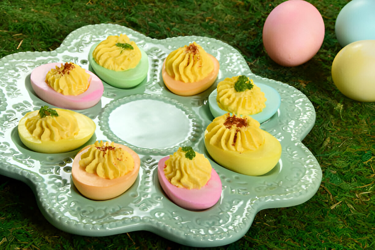 Colorful deviled eggs arranged on a decorative plate with pastel eggs scattered around.