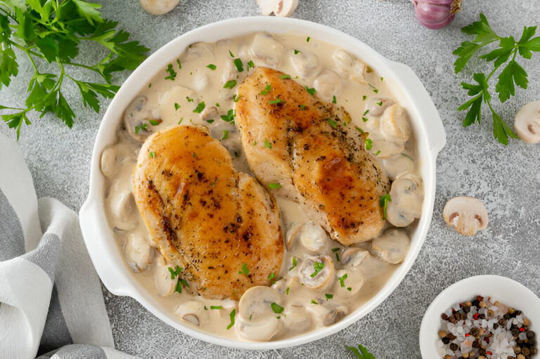 Delicious chicken breasts in a creamy mushroom sauce garnished with fresh parsley and spices on the side.