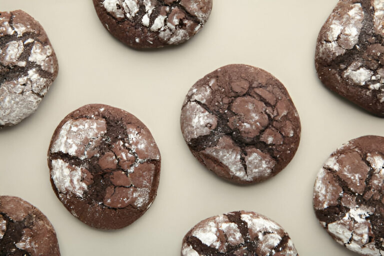 A flat lay of chocolate cookies sprinkled with powdered sugar on a beige background.