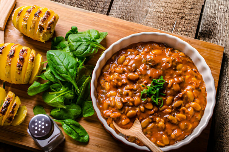 A delicious serving of baked beans in a white bowl with a wooden spoon, surrounded by fresh spinach and sliced baked potatoes on a wooden board.