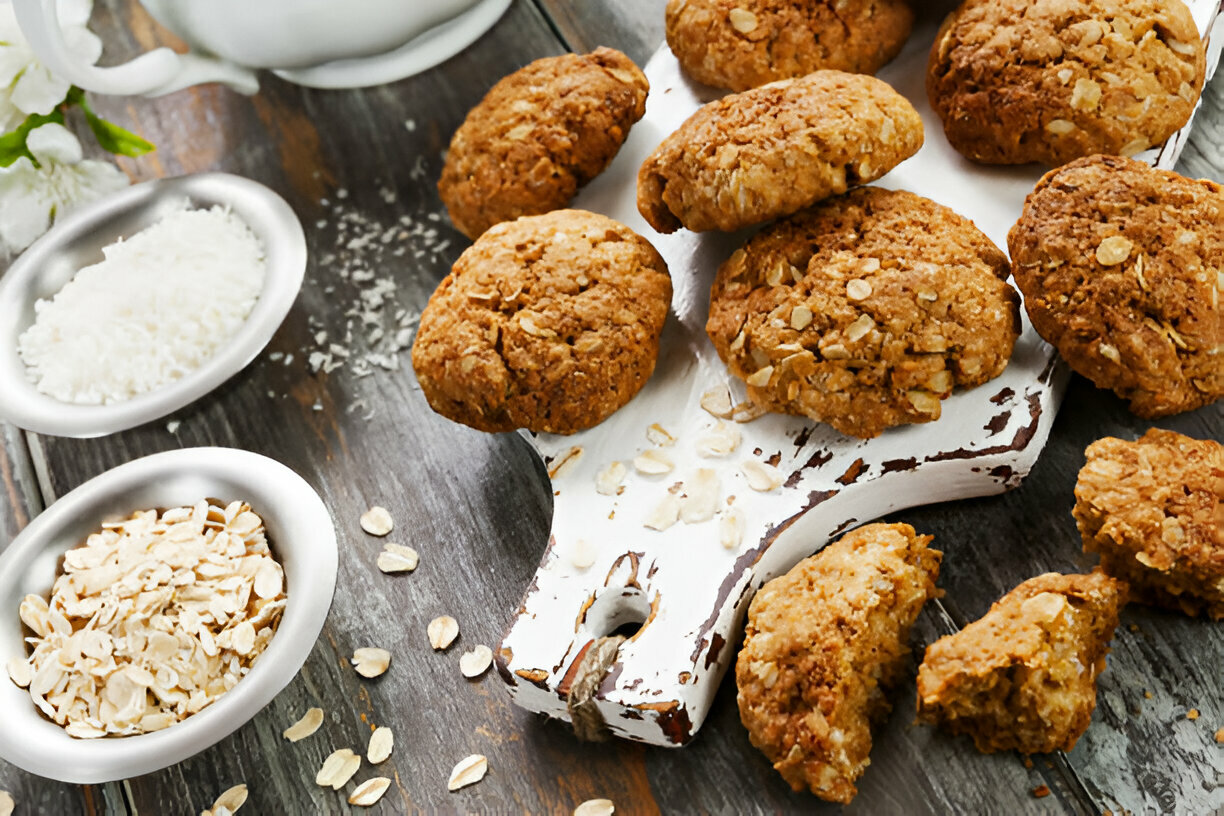 A wooden serving board with freshly baked oatmeal cookies, alongside bowls of coconut flakes and oats.