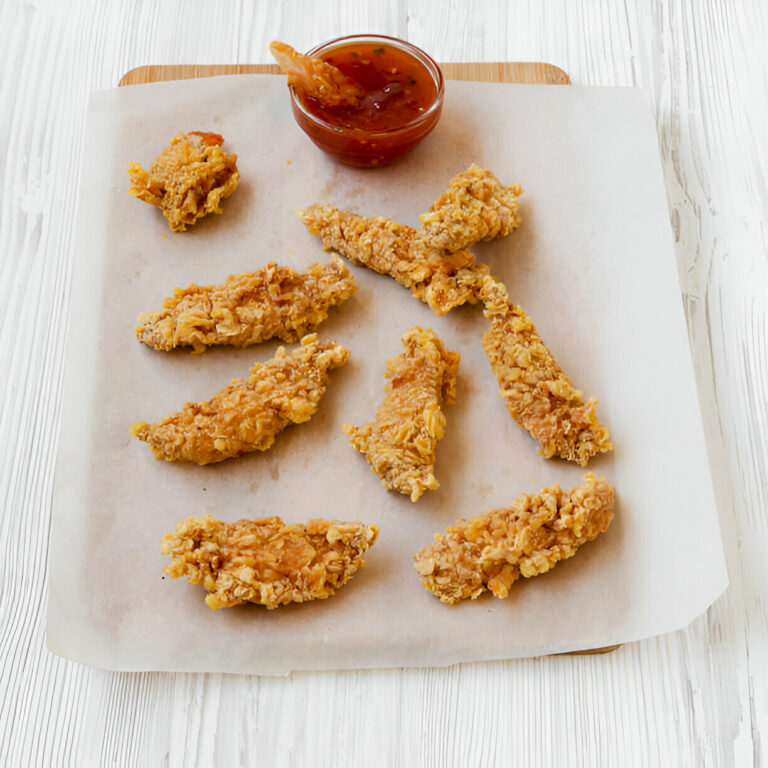 Plate of crispy fried chicken strips with dipping sauce