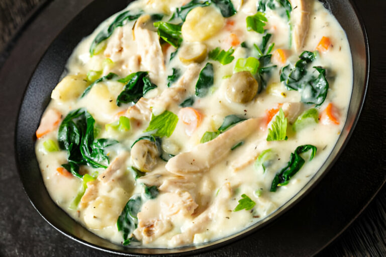 A creamy chicken and spinach soup with vegetables served in a black bowl.