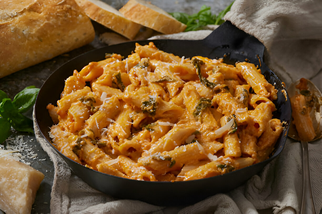 A delicious serving of creamy pasta with herbs in a cast iron skillet, accompanied by slices of bread.