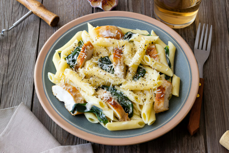 A plate of creamy penne pasta with chicken and spinach, topped with grated cheese.