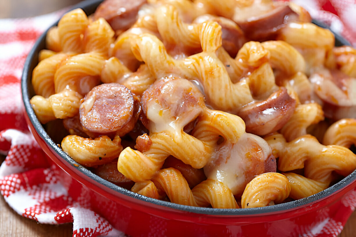 A close-up of a bowl filled with spiral pasta mixed with sliced sausage and melted cheese, served on a checkered cloth.