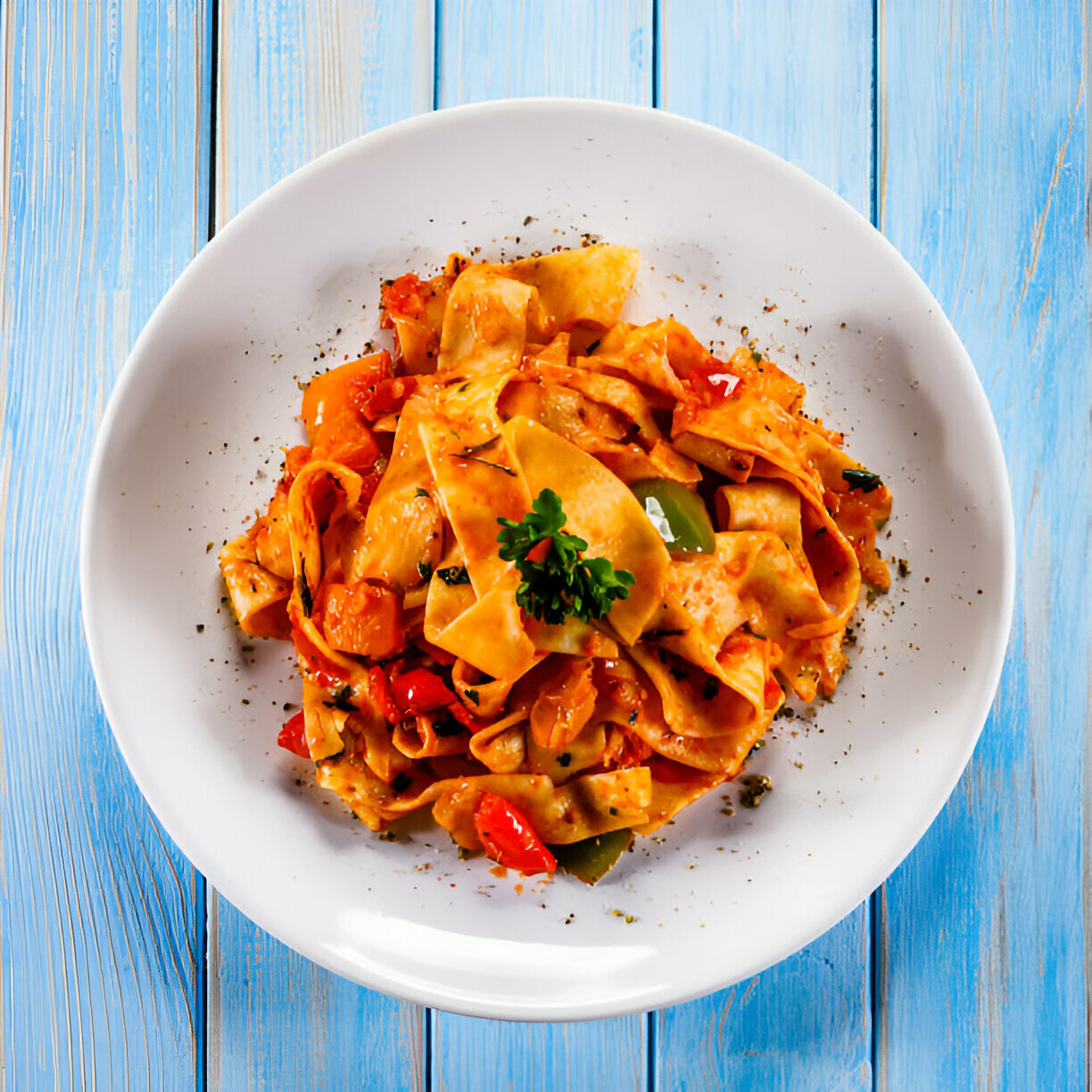 A plate of pasta with vegetables served on a blue wooden table.