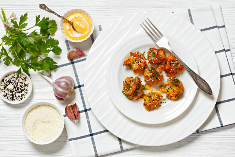 Plate of delicious fried snack balls garnished with herbs and sesame seeds.