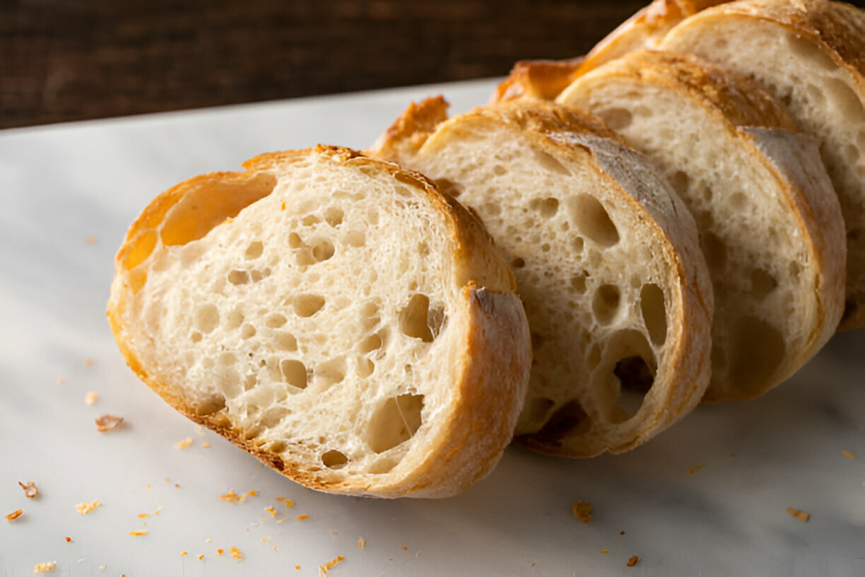 Slices of freshly baked bread arranged on a marble surface.