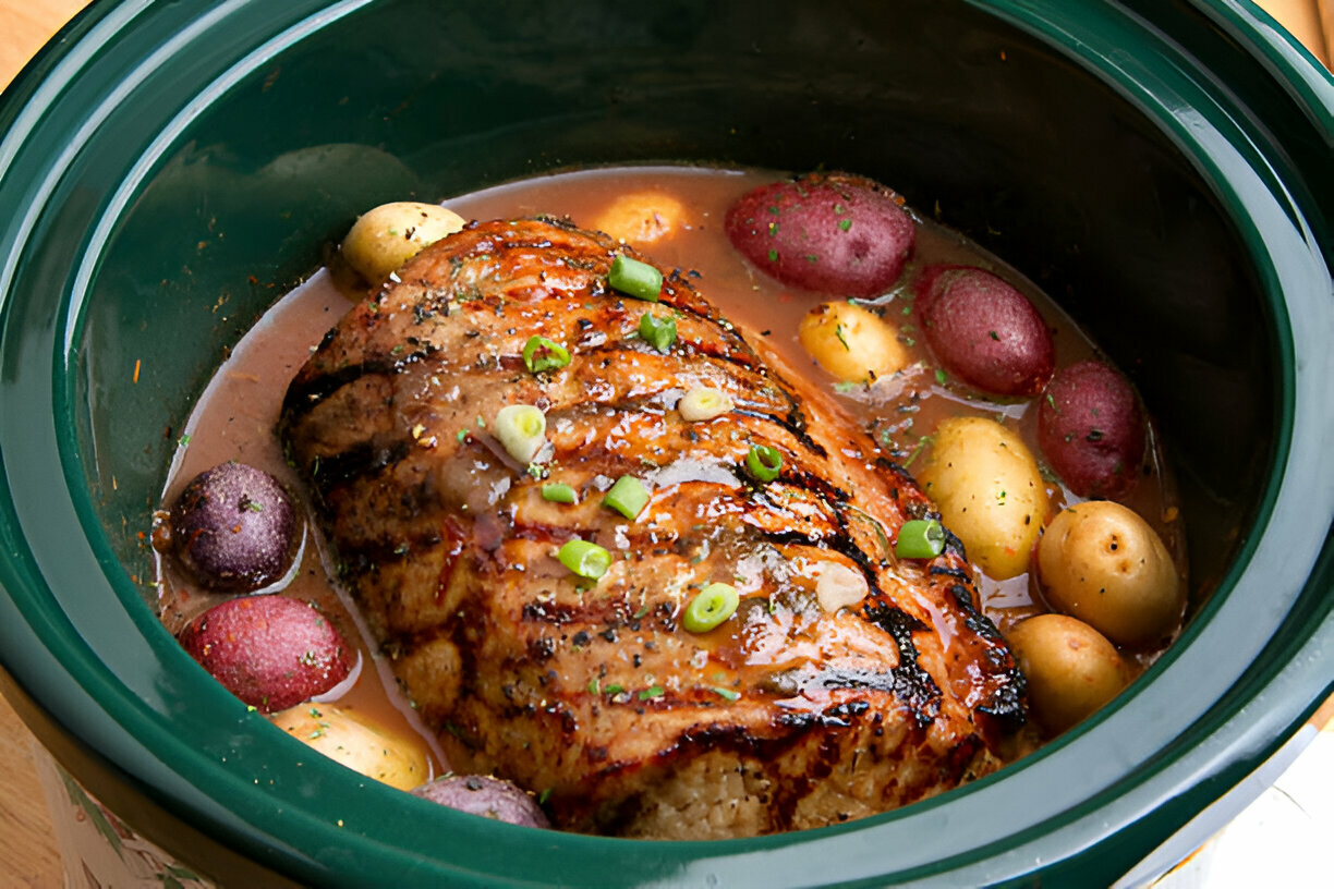 A slow cooker filled with a meatloaf, potatoes, and sauce, garnished with chopped green onions.