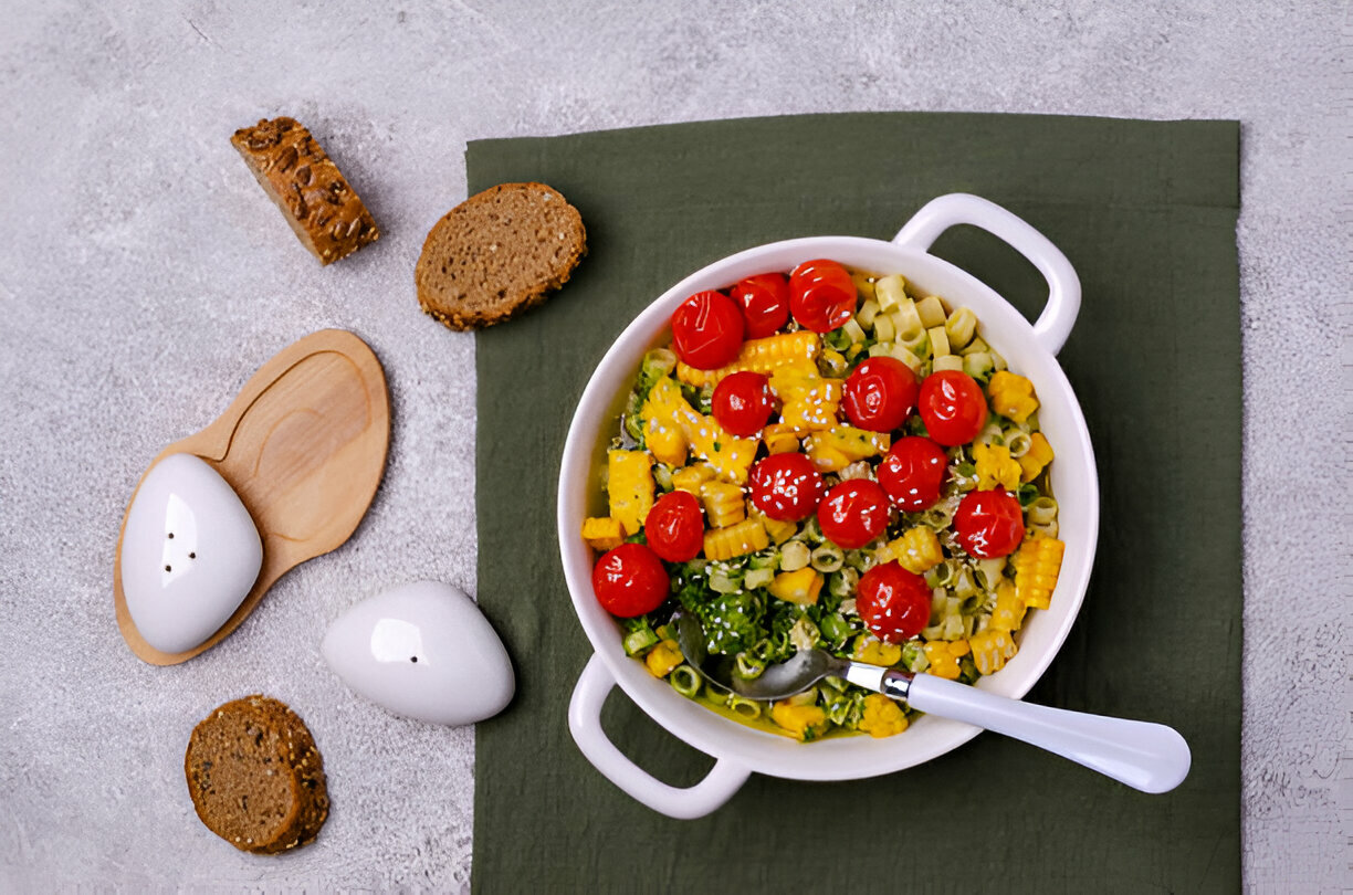 A white bowl filled with colorful pasta salad topped with cherry tomatoes and sesame seeds on a green cloth, surrounded by slices of brown bread and white salt shakers.