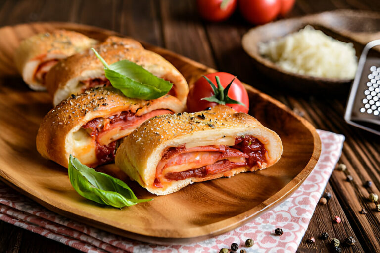 Sliced savory pastry roll filled with ham, cheese, and tomato, garnished with fresh basil on a wooden plate.