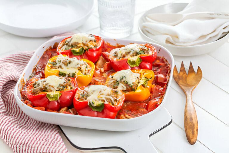 Baked stuffed bell peppers in a white dish with cheese topping, surrounded by a napkin and utensils.