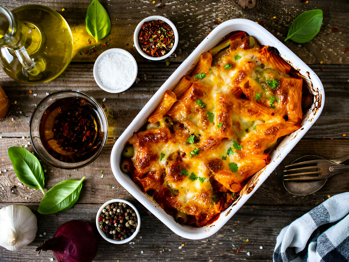 A delicious baked pasta dish topped with melted cheese, surrounded by herbs, spices, and olive oil.