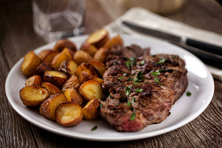 A plate of grilled steak with roasted potatoes, garnished with green herbs.