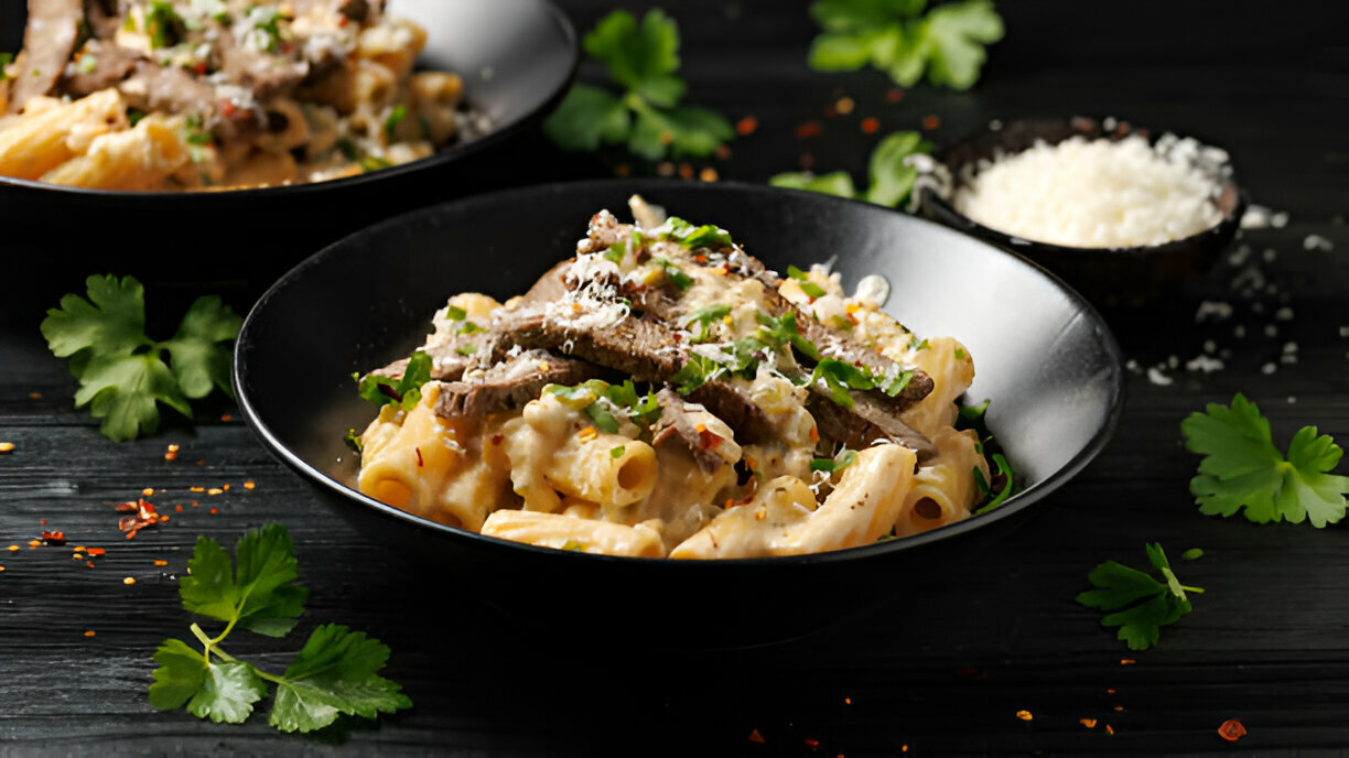 Garlic Butter Steak Tips with Cheesy Rigatoni