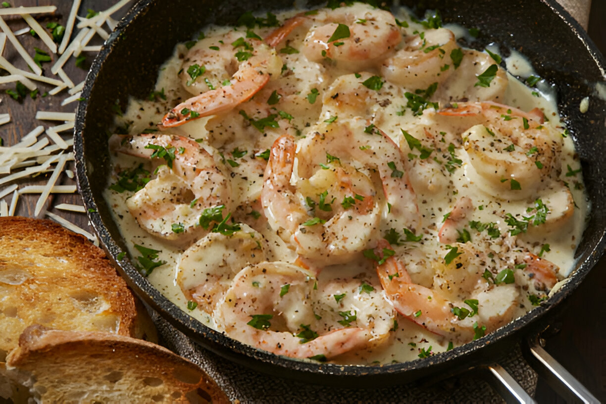 A skillet filled with creamy shrimp dish topped with parsley, next to slices of toasted bread.