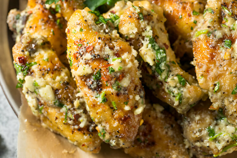 Close-up of golden-brown chicken wings garnished with herbs and spices