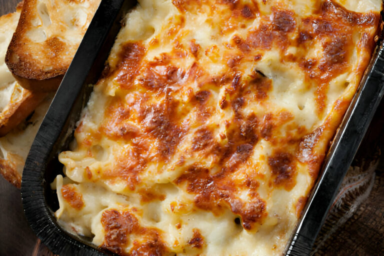 A baked dish of creamy macaroni and cheese with a golden, crispy top served alongside slices of toasted bread.