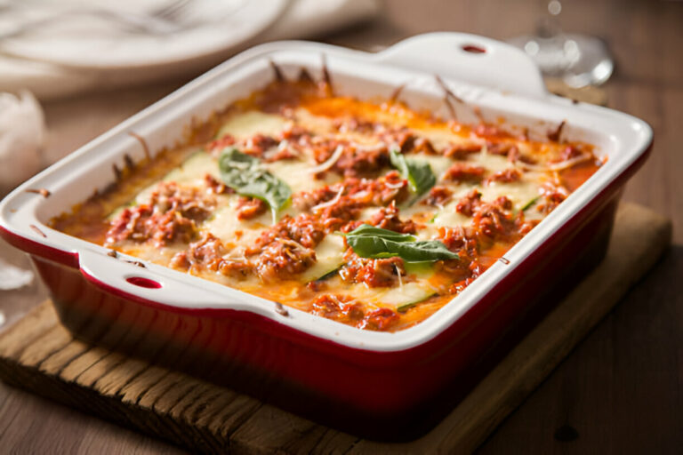 A baked lasagna in a white and red dish topped with leafy basil and cheese, resting on a wooden cutting board.