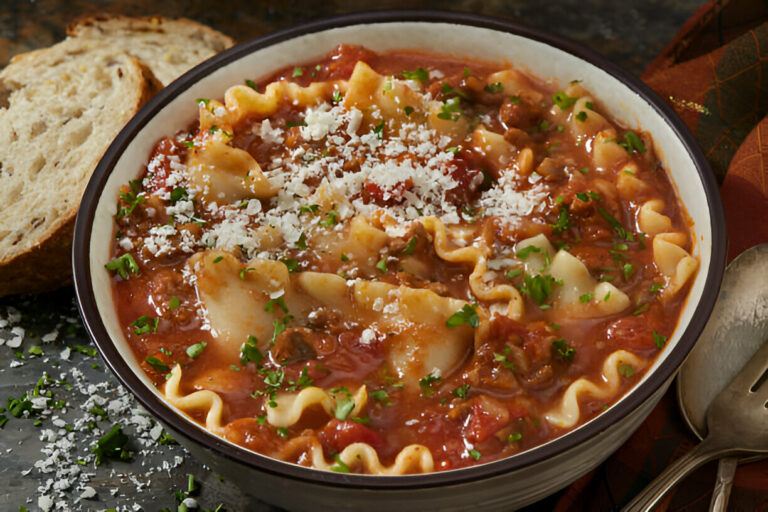 Bowl of hearty lasagna soup with fresh parsley and grated cheese, accompanied by a slice of bread.