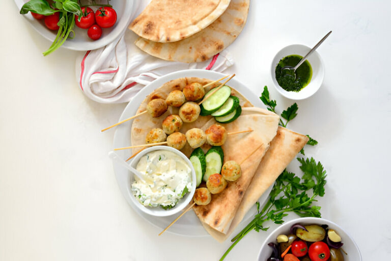 A variety of Mediterranean dishes including flatbread, skewers, cucumber slices, and a creamy dipping sauce, surrounded by fresh vegetables.