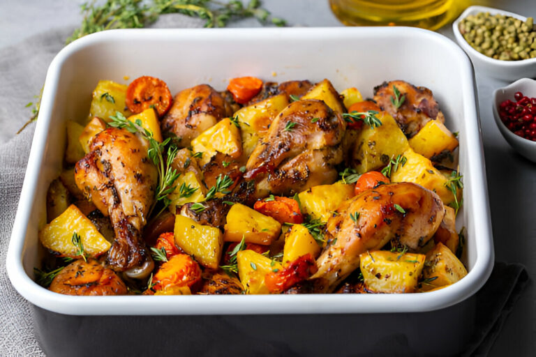 A delicious dish of roasted chicken legs and colorful vegetables including carrots and yellow squash, garnished with fresh thyme.