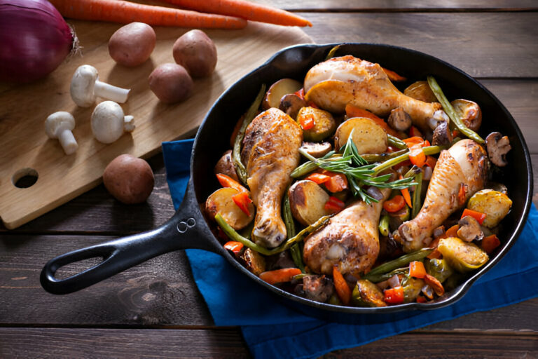 A skillet filled with roasted chicken drumsticks, potatoes, and colorful vegetables.