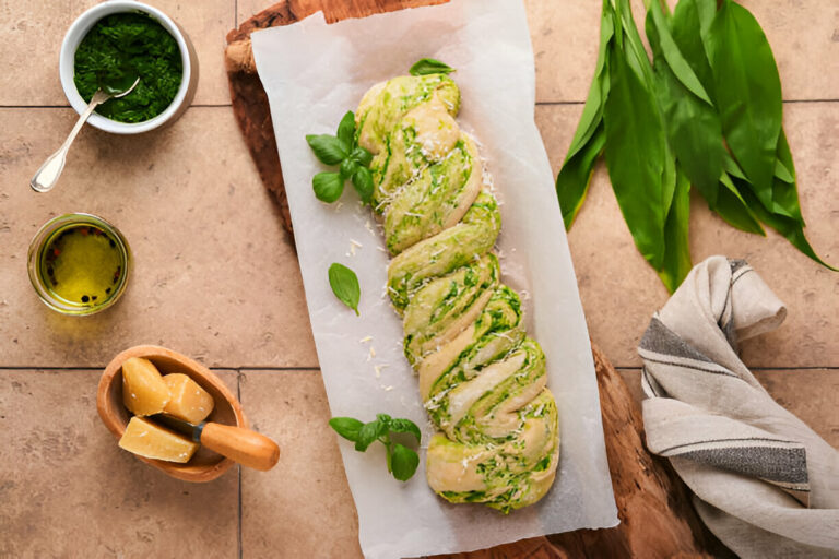 A braided loaf of green herb bread topped with cheese, resting on parchment paper with fresh basil leaves and oil nearby.