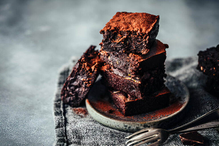 Delicious chocolate brownies dusted with cocoa powder stacked on a grey plate atop a textured cloth.