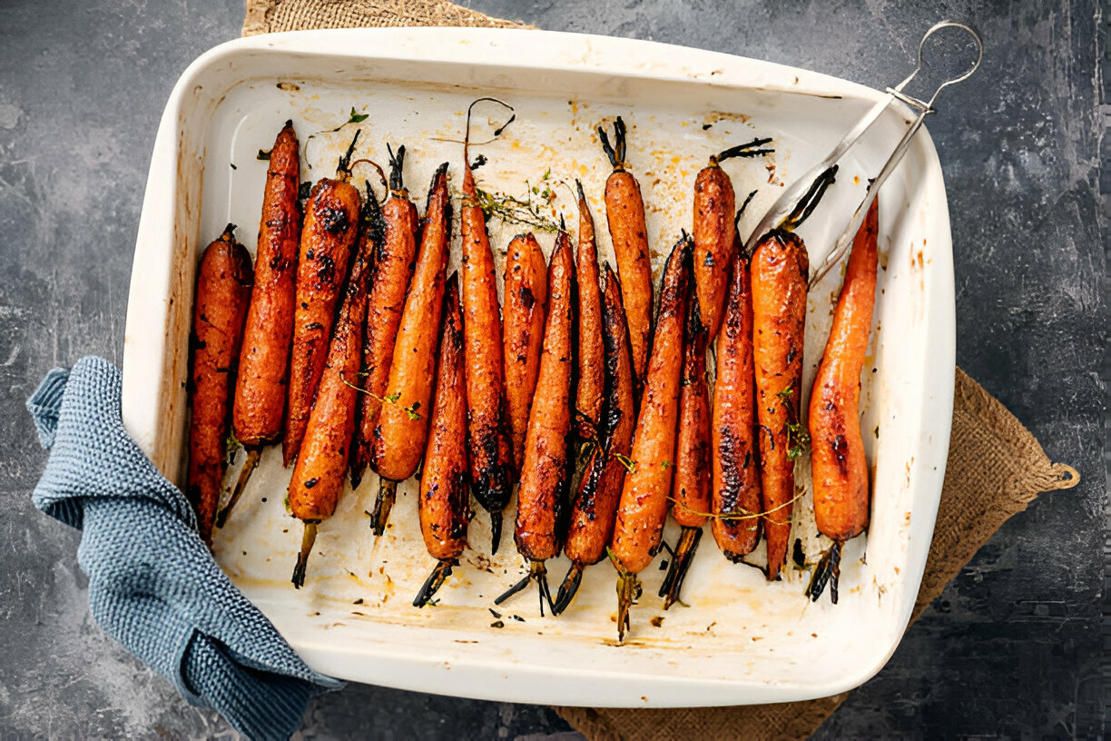 Roasted carrots in a white baking dish with a blue kitchen towel