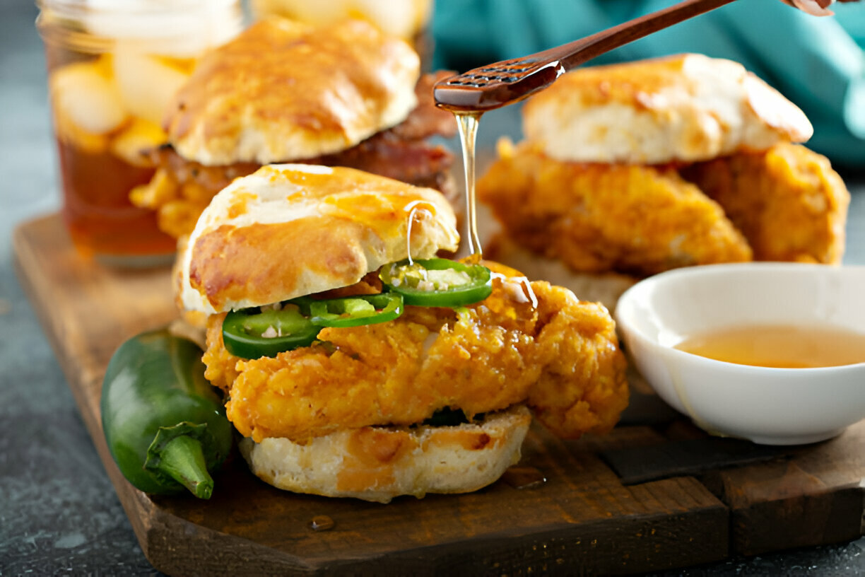 A close-up of a fried chicken sandwich with jalapeños, drizzled with honey, served on a wooden board next to another sandwich and a small bowl of syrup.