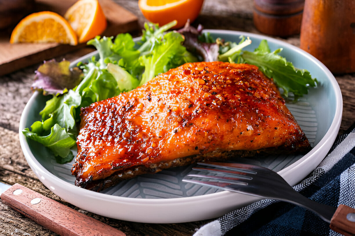 A beautifully cooked salmon fillet on a plate with fresh greens and orange slices in the background.