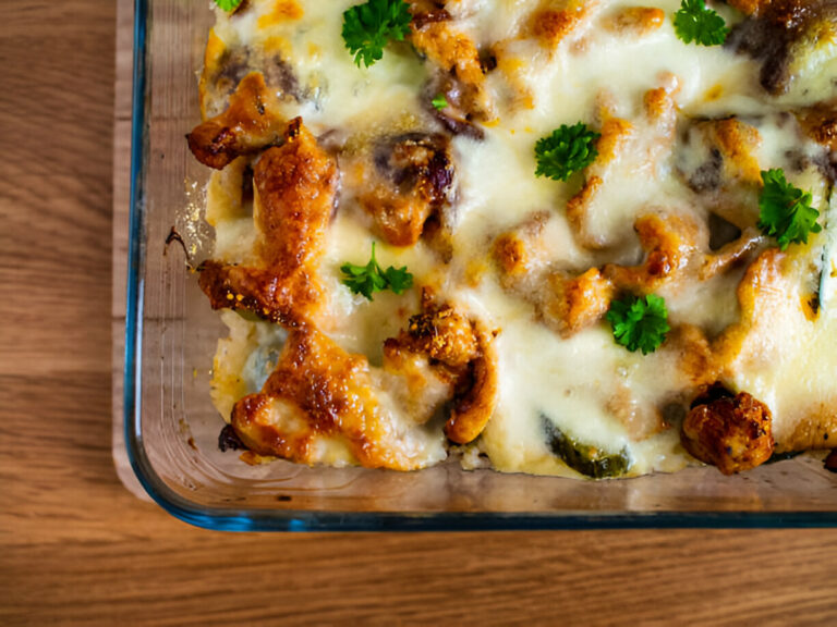 Baked casserole topped with melted cheese and garnished with parsley in a glass dish on a wooden surface.