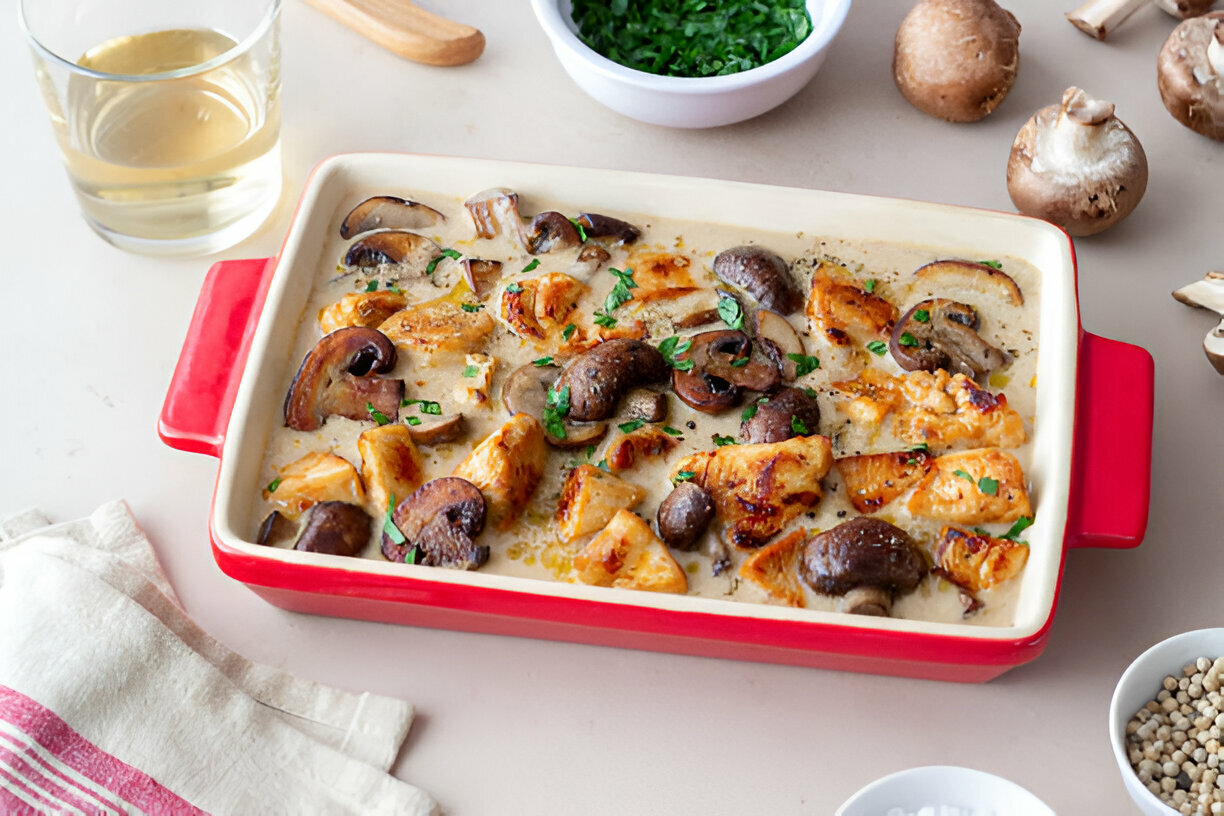 A red baking dish filled with creamy chicken and mushroom casserole, garnished with fresh herbs, accompanied by a glass of wine and scattered mushrooms.