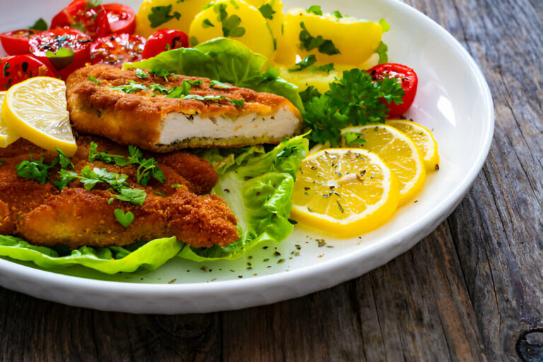 A plate of crispy fried chicken with lettuce, lemon slices, potatoes, cherry tomatoes, and fresh herbs.