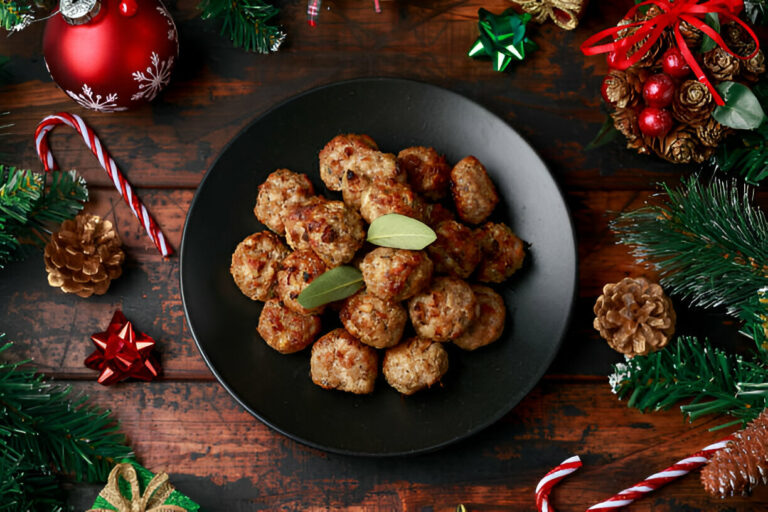 A black plate filled with meatballs garnished with bay leaves, surrounded by Christmas decorations like pine cones, candies, and colorful stars.