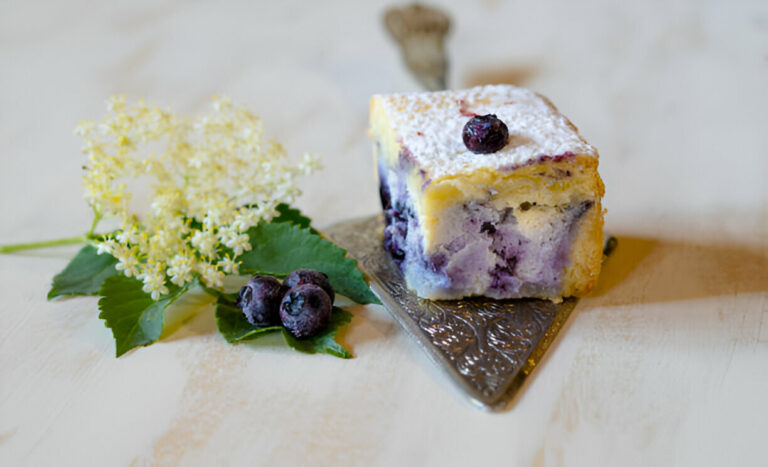 A delicious slice of blueberry cake garnished with fresh blueberries and flowers on a vintage silver serving tray.